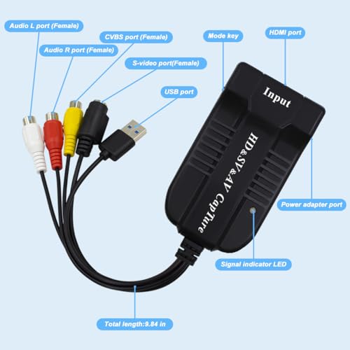 Male USB Capture Card Device, 4K HDMI, AV, RCA, S-Video,Composite to USB 2.0 Capture Card,Convert Analog to Digital,Video Game Capture for Gaming/Live Streaming Recorder for PS5/Switch/Camera/PC/OBS