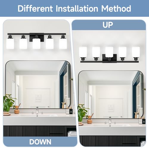 Image of 5-Light Bathroom Vanity Light, Modern Matte Black Bathroom Light Fixtures with Square Frosted Glass, Wall Sconces fixtures Over Mirror Restroom,Living Room Hallway E26