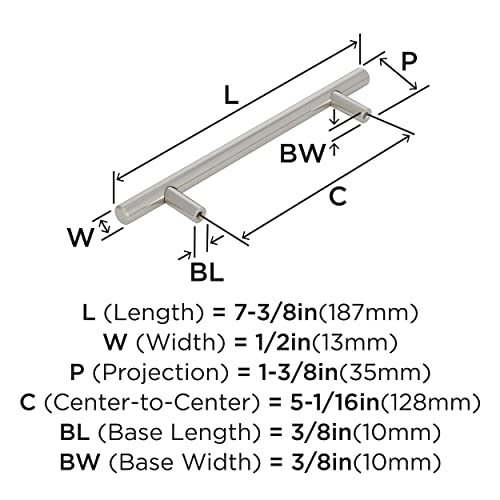 Image of Amerock 5-1 /16 inch Bar Pulls Polished Nickel Drawer Pull | 5-1 /16 inch (128mm) Center-to-Center Mounting Distance and 7-3 /8 inches Overall Length, Durable Carbon Steel Cabinet Hardware
