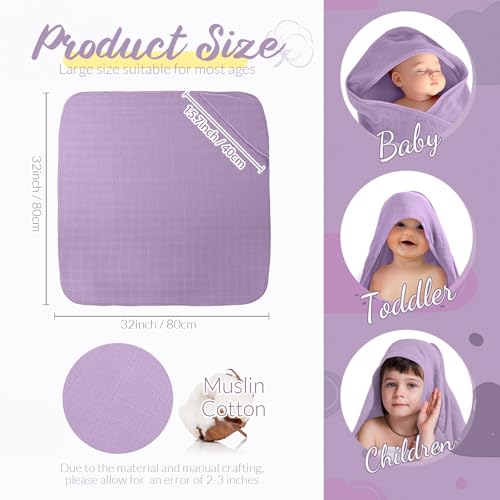 Image of Preboun 4 Pcs Muslin Hooded Baby Towels,32 inchx 32 inch Cotton Newborn Bath Towel Muslin Infant Baby Blankets Absorbent Unisex Newborn Registry Gift for Girls Boys(Purple Series)