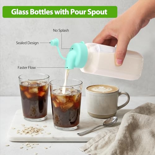 Image of CUCUMI 12 Pack 16 Oz Glass Milk Bottles with Lids, Glass Juice Bottles with Scale & Silicone Pour Spout, Reusable Juice Containers Square Drinking Jars for Milk, Coffee, Smoothies, Water