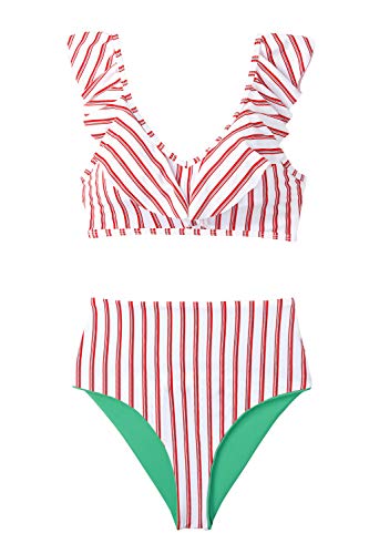 CUPSHE Women's Red White Stripe Ruffled High Waisted Bikini Large