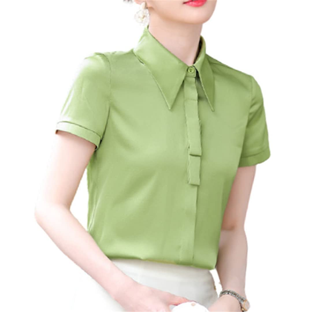 Camisa con Botones para Mujer Blusa de Negocios con Cuello en V de Manga Corta para el Trabajo Oficina Camisa de satén Formal de Verano