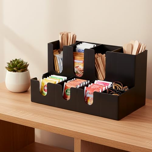EVERGOODS Coffee Condiment Organizer Caddy, Black Plastic Coffee & Tea Station Accessory Holder with 9 Compartments, Countertop Bar Organizer for Cups, Lids, Straws, Stir Sticks and Sugar Packets