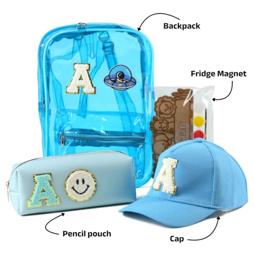 Image of AICA Gifts Personalized Kids Backpack, Pencil Pouch & Cap Combo | Name Embroidered Letters & Patch PVC Bag | Waterproof School Set with DIY Colouring Kit for Boys & Girls 2-10 Years (Babyblue)