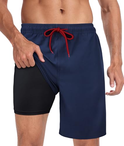 Image of Mens Swim Trunks with Compression Liner 2 in 1 Quick Dry Swimming Shorts Swimwear Bathing Suits with Pockets