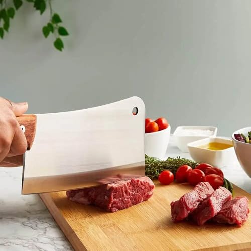 Image of Wizbiz 7 Inch Heavy Duty Stainless Steel Meat Cleaver Knife | Butcher Knife for Mutton, Chicken, Bone & Vegetable Cutting | Sharp Chopper with Wooden Handle for Home Kitchen