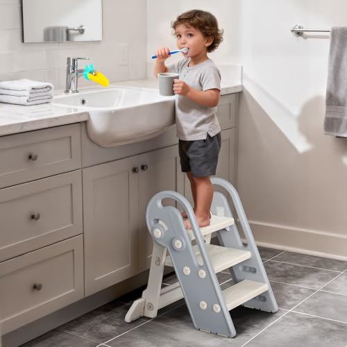 Onasti Adjustable Toddler Step Stool with Handles Converts from 3-Step to 2-Step as Kids Grow Non-Slip Safety Stool for Bathroom Sink Kitchen Counter Potty Training and Everyday Household Use-Grey