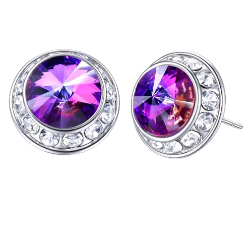 Image of Roheafer 15mm Rhinestone Crystal Stud Earrings 925 Sterling Silver Post Stud Earring Hypoallergenic Halo Earrings for Dance Competitions Stage Performance Wedding & Bridal Jewellery for Women(Purple)