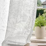 Anmao White Semi Sheer Light Filtering Curtains 84 Inches Long 2 Panels, Leaf Pattern Drapes for Living Room Bedroom, Rod Pocket Sheer Window Treatments with Floral Design, 52x84 Inch