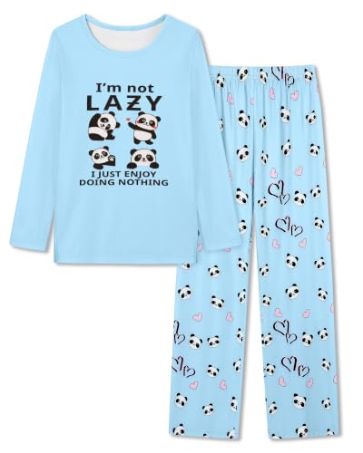 CARETOO Cute Printed Girls Pjs Set Long Sleeve Top Elastic Waist Pants Soft Stretch Sleepwear Loungewear for Big Kids Size 10 Blue