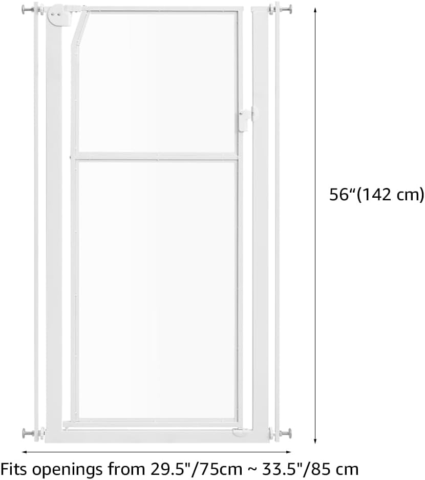 unipaws 56" Extra Tall Pet Gate, Clear Transparent Tall Cat Gate, 29.5-33.5" Wide No Drilling Pressure Mounted Dog Gate for Doorway, Hallway, Stairs, White