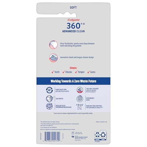 Colgate 360 Advanced Clean Adult Soft Toothbrush Pack, 6 Soft Bristled Toothbrushes with Cheek and Tongue Cleaner, Helps Clean Your Teeth, Tongue, Cheeks, and Gums, 6 Pack - Thumbnail 7