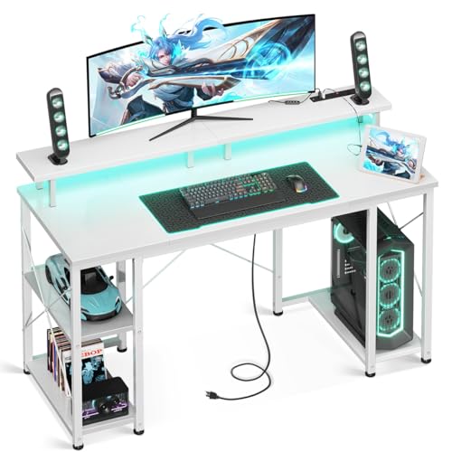 ODK 48 inch Gaming Desk with LED Lights & Power Outlets, Computer Desk with Monitor Stand & Storage Sheves, CPU Stand, Home Office Desk, White