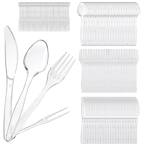 Cubiertos de Fiesta Reutilizables, Cubiertos de Plástico Transparente, Cubiertos de Plástico Reutilizable, 200PCS Tenedores Plástico Cuchillos Plástico Cucharas Plástico Tenedores Frutas