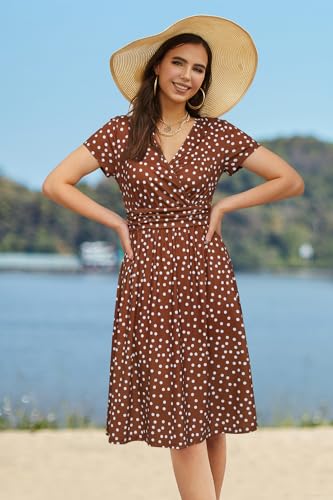 Image of Newshows Womens Summer Short Sleeve Casual Dresses V Neck Floral Vacation Sundress Faux Wrap Midi Dress with Pockets