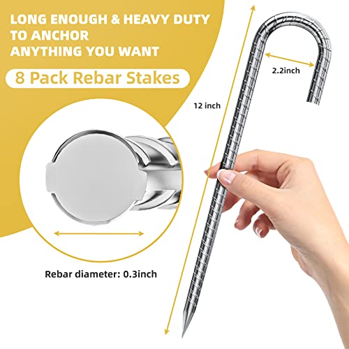 8PCS Rebar Stakes J Hook Extra Heavy Duty,【12 inch Long Enough】 1/4 inch Rust Proof Coated Steel Ground Stakes Ground Anchors, Garden Stake Metal Stakes Tent Stakes Trampoline Anchors