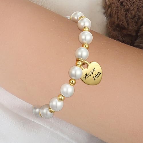 Happy 5th 6th 7th 8th 9th 10th 11th 12th Birthday Bracelet Gifts for Girls, 14K Gold Heart Charms Pearl Jewelry for Her2