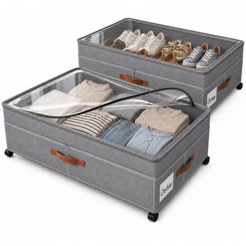 Under Bed Storage Organizer with Wheels, Rolling Under Bed Storage Containers with Clear Lid, Dual Zippers, Handles, Storage for Clothes, Shoes, Blankets, Toys, 2-pcs Under Bed Drawers(Grey)