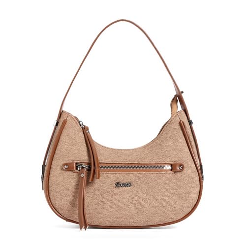 EXOTIC Denim Crescent Luxe Sling/Shoulder Bag | Hobo Bag | Casual Shoulder Handbag with Zip Closure | Faux Leather Trim (BROWN)