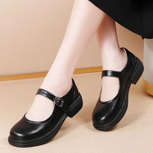 Image of Women Black Mary Jane Flats Non Slip Comfort Office Work Dress School Shoes | OKJ Women's mary janes flat Platform Comfortable maryjane patent leather Dressy Round Toe chunky Cute Shoes