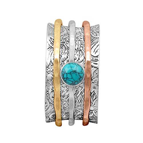 Spinner Ring !! Turquoise Gemstone Two Tone Meditation Ring, Anxiety Ring, Fidget Ring, Anti Stress Ring, Worry Band 925 Sterling Silver Band (7)