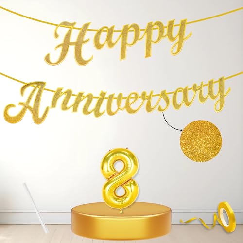 Image of Flyloons 8th Happy Anniversary Banner Gold Decorations Kit for Men Women Wedding Anniversary Banner Items without Balloons