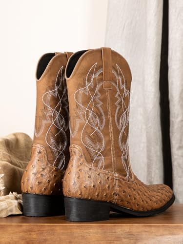 Image of Western cowboy boots, ostrich leather, embroidered design, brown, mid-calf, men's antique ostrich embossed exotic western boots round head.