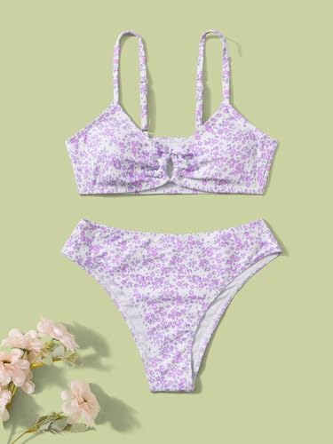 Image of QJQ Girl's 2 Piece Swimsuits Disty Floral Ring Linked Bathing Suit Cute Bikini Sets