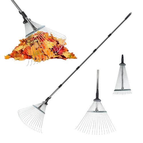Rastrello regolabile con manico telescopico, 18 denti in metallo, per assemblare foglie, 19 – 40 cm, larghezza regolabile da giardino
