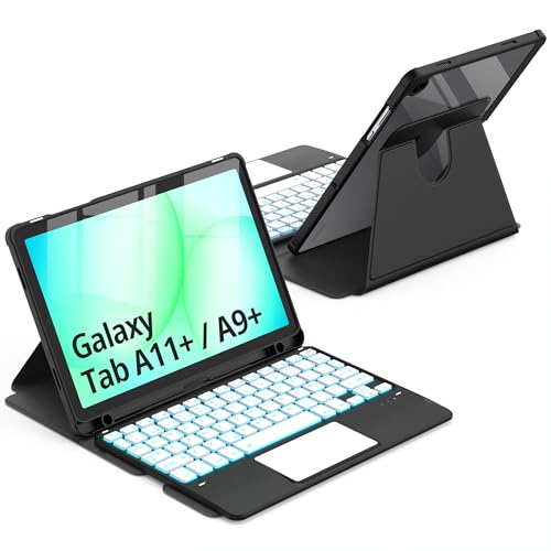 CACOE Funda con Teclado Giratorio 360° para Samsung Galaxy Tab A11 Plus/A9 Plus 11 Pulgadas 2025/2023 con Panel Táctil, Retroiluminación de 7 Colores, Teclado Inalámbrico Extraíble con Soporte, Negro