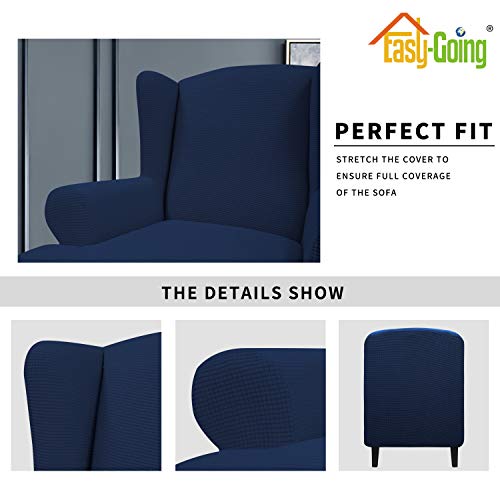 Image of Easy-Going Stretch Large Wingback Chair Sofa Slipcover Navy | 1-Piece Sofa Cover Furniture Protector Couch Soft with Bottom, Spandex Jacquard