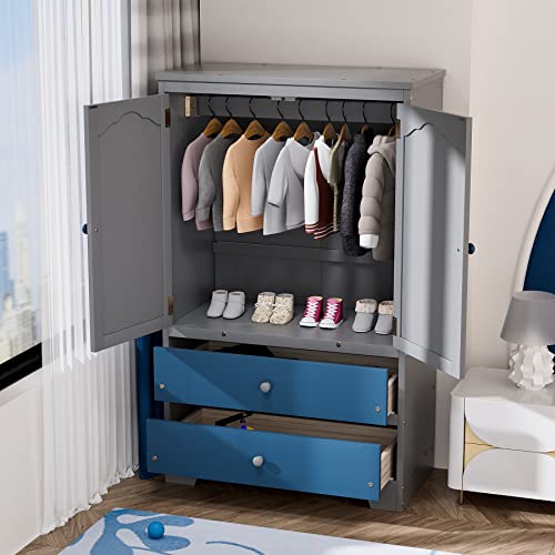 Rophefx 2 Door Kids Wardrobe With 2 Storage Drawers, Bedroom Armoire With Adjustable Shelf And Hanging Rod, Clothes Hanging Storage Rack, Grey #TOP2