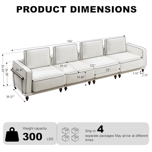 146" Cloud Modular Sectional Sofa,Oversized Deep 4 Seater Couch with Armrests Wooden Legs,Comfy Thicked Cushion Upholstered Sofa for Living Room Bedroom,White — view 3