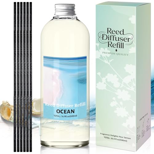 Image of STRN Ocean Reed Diffuser Refill 500ml with 6 Natural Reed Sticks, Premium Refills Aromatherapy for Home, Long-Lasting Fragrance for Living Room, Bedroom, Office | Alcohol-Free