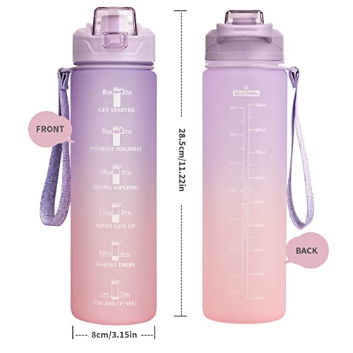 DEARRAY 1 liter / 1l Sport Waterfles met Rietje 1000 ml BPA vrij Motiverende Drinkfles met Tijd Marker voor Fitness, Fietsen, Kamperen, School (Roze / Violet) - Image 6