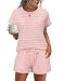 Litherday Damen Schlafanzug Kurz Pyjama Set Baumwolle Rundhals Zweiteiliger Nachtwäsche Hausanzug Gestreift Loungewear mit Taschen Rosa M