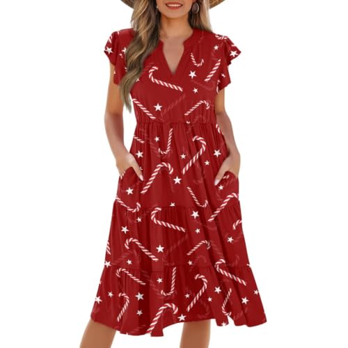 Image of Womens Summer Dress Ruffle Sleeve V Neck Dress Casual Fit Flowy Beach Vacation Sundress with Pocket S-2XL