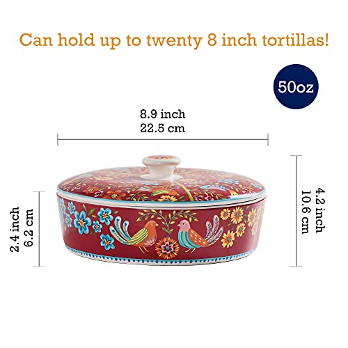 Bico Red Spring Bird Ceramic Tortilla Warmer, 8.9 Inch Tortilla Holder with Lid for Taco Bread Pancake for Mexican Night and Party, Microwave and Dishwasher Safe by Bico - Image 2