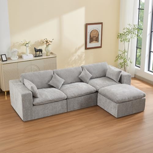 Image of 115''Cloud Boneless Sectional Couch, Modular Sectional Sofa Deep Seat with Ottoman, Oversized Upholstered Convertible Comfy 4 Seater Chenille Sofa L Shape Couches for Living Room, Light Grey