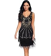 IWIWB Women's 1920s Flapper Dress Costume Set - Beaded Fringed Gatsby Dress With Accessories (Black & Silver)