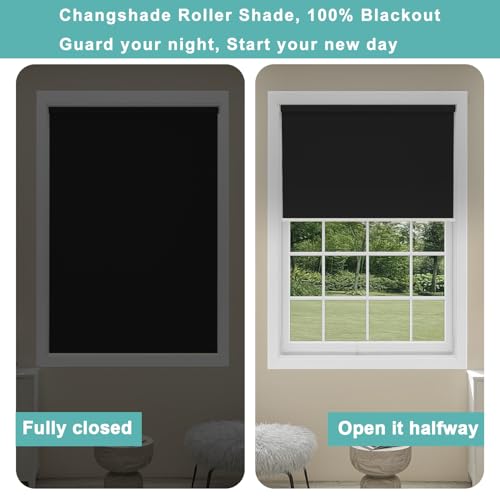 Changshade Blackout Roller Shades Cordless for Windows,100% Room Darkening Window Blinds for Bedroom,Thermal Insulated UV Protection,Easy Install Pull Down Shades for Home,26" w x 72" h,Black by Changshade - Used condition - Image 6