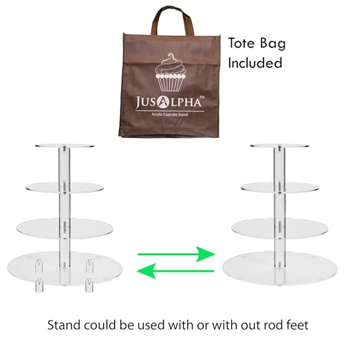 Jusalpha Large 4 Tier Cupcake Stand,Acrylic Round Cake Stand Dessert Tower Tea Party Serving Platter, Cupcake Tree Wedding Party Décor, Stand with Rod Feet (4RF)