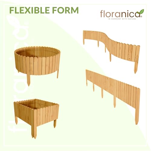 Floranica Rasenkante Höhe 40 cm Natur 200 cm Lang Gartenzaun Flexibler Holzzaun Gartendeko Gartenpalisade für Beeteinfassung, Mähkante Rollborder, Steckzaun Blumenbeet Umzäunung für Garten