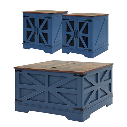 Puntogen Coffee Table and End Table Sets of 3, 2 Large End Table with Charging Station and 1 Coffee Table with Large Hidden Storage, Farmhouse Living Room Table Set, Blue