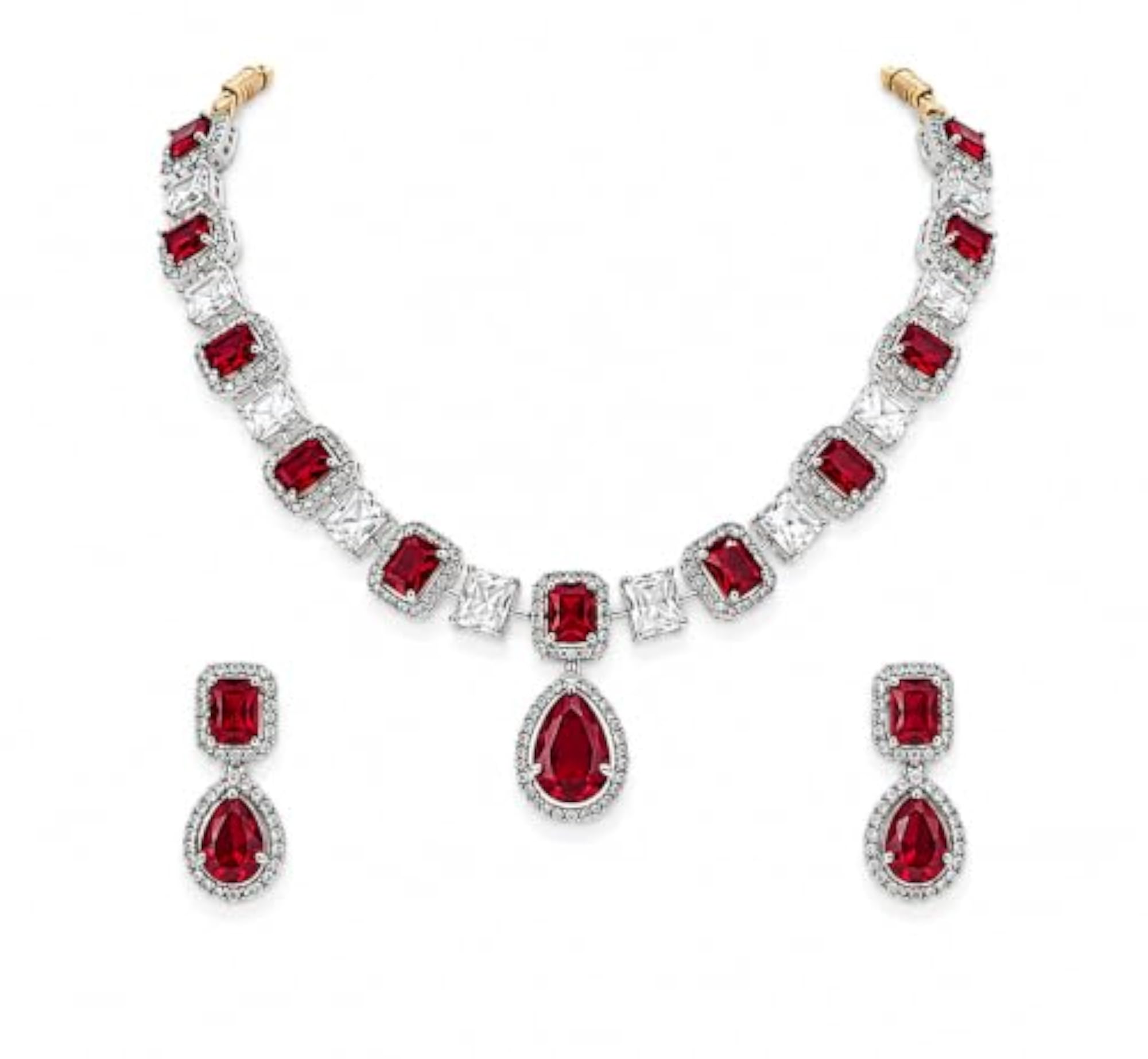 Ruby Red and White Crystal Necklace and Earrings Bridal Set