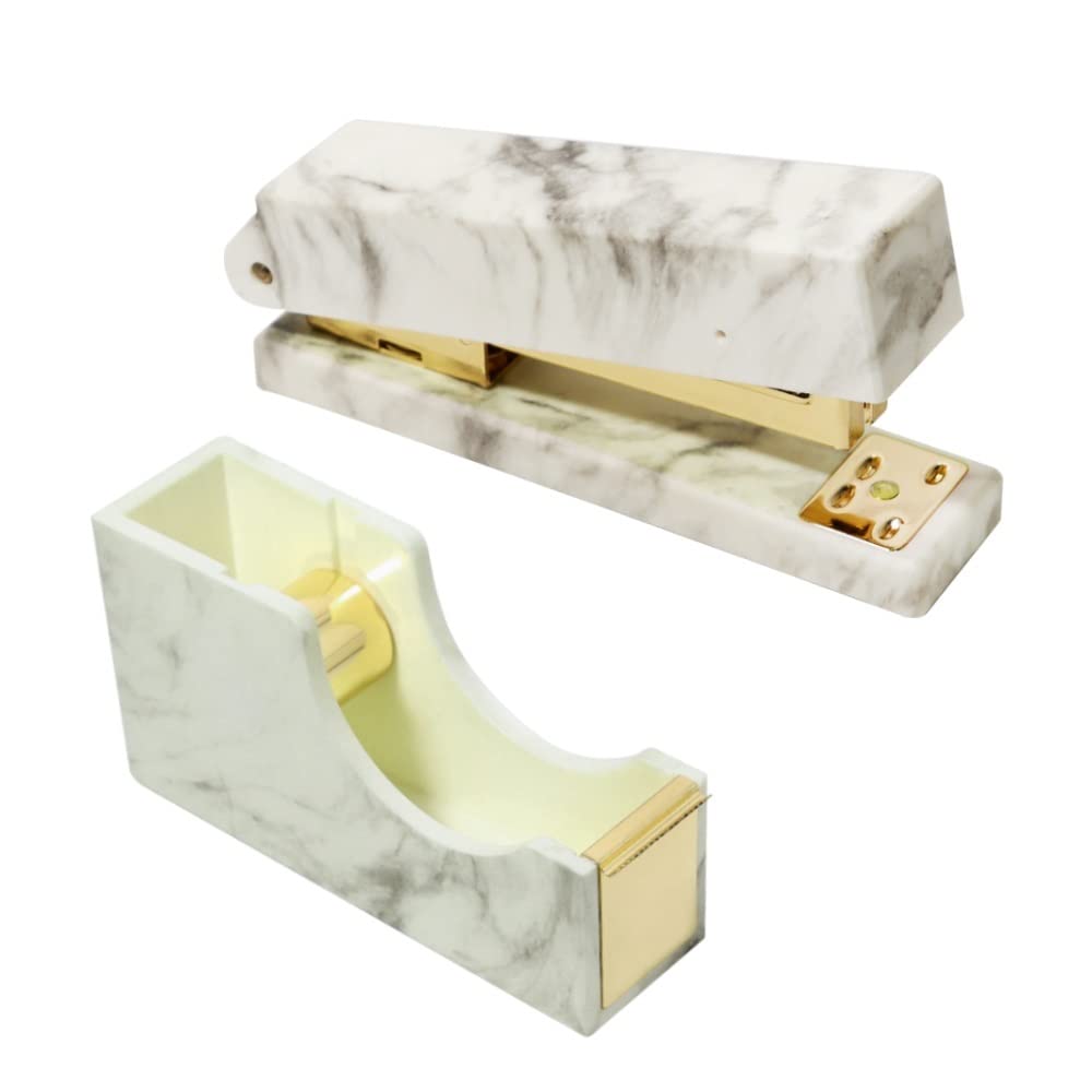 Dispenser per nastro adesivo, Mini Marble Stapler e set dispenser for nastro adesivo - Elegante spillatrice da tavolo for ufficio e arredamento scolastico(White)