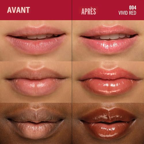 Rimmel Oh My Gloss!, 004 - Vivid Red, Huile à Lèvres, non collante, booster d'hydratation, hydratante et apaisante, facile à appliquer, formule vegan, 6 ml