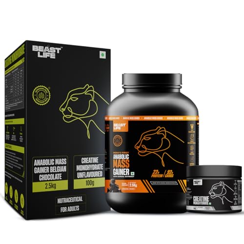 Image of BeastLife High Protein 2.5 Kg Mass /Weight Gainer With 100 Gm Creatine| Belgian Chocolate Gainer| NABL LAB Tested | For Muscle Gain & Fast Growth | Cereal-Based Formula, No Maltodextrin | India's #1 Cereal Based Bulk Gainer