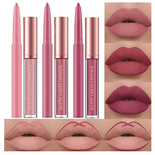 6 Stück Matt Lippenstift & Lip Liner Set, Velvety Nude Lipstick, Stay On 24 Hours Waterproof Non-Stick Cup Not Fade Liquid Lipstick, Lip Liner Lip Gloss Make Up Gift Set (Set A)
